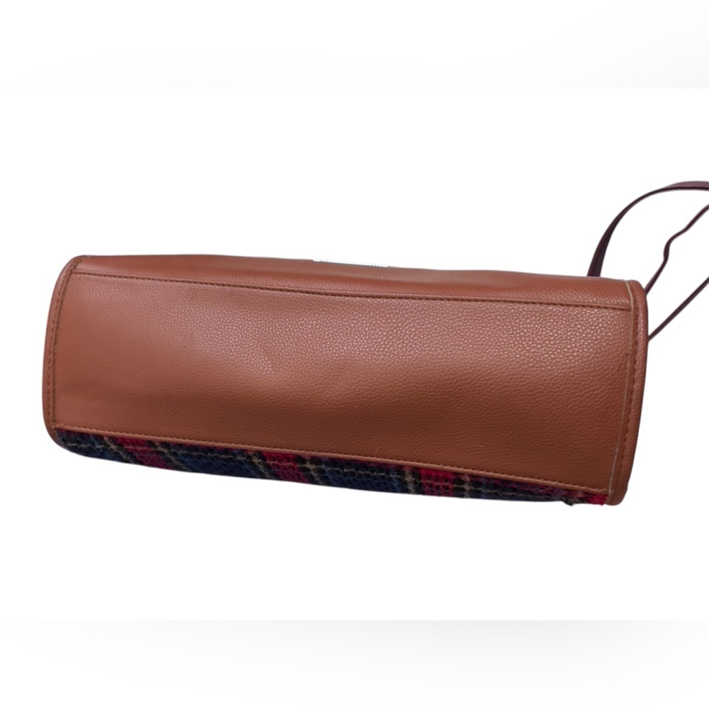 Plaid Wool Blend Satchel Handbag with Brown Faux Leather Trim — Great Storage! - Picture 3 of 8
